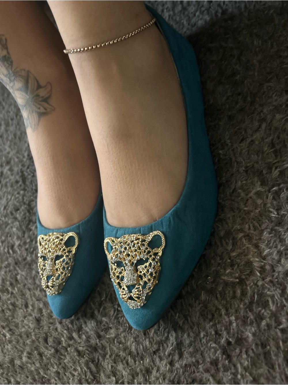 Aldo Teal Pointed-Toe Flats with Gold Leopard Medallion